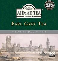 "Ahmad Tea Earl Grey" - juodoji arbata iš didesnių arbatos lapelių su bergamotėmis - dvigubos kameros arbatos maišeliai su 2 g arbatos vienoje porcijoje - 100 arbatos maišelių su juostele