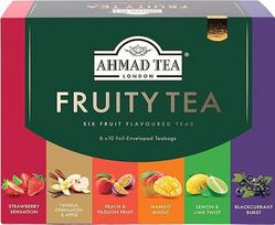 "Ahmad Tea Fruity Tea" - vaisių skonio juodosios arbatos asorti - 6 rūšys - braškių, vanilės su cinamonu, obuolių, persikų ir pasiflorų, mangų, citrinų, citrinų ir serbentų - 60 arbatos maišelių