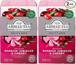 "Ahmad Tea" - erškėtuogės, ibiškis ir vyšnia - vaisių ir žolelių arbata be kofeino - erškėtuogės, ibiškis ir vyšnia - individualiai suvynioti, aromatingai užklijuoti arbatos maišeliai su 2 g arbatos vienoje porcijoje - 20 arbatos maišelių