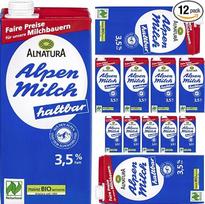 "Alnatura Alpių pienas Durable 3,5 % riebumo Durable 1000 ml x 12 vienetų + Pufai