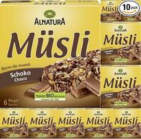 "Alnatura" grūdų batonėliai su šokoladu (6 pakuotės) 150 g x 10 pakuočių su "Pufai" nemokama staigmena