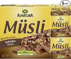 "Alnatura" grūdų batonėlis šokoladinis (6 vnt.) 150 g x 5 pakuotės su "Pufai" nemokama staigmena