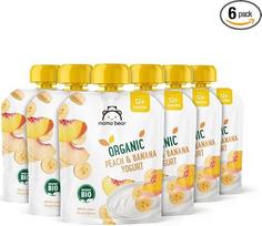 "Amazon" prekės ženklas - "Mama Bear" ekologiško jogurto paruošimas su persikais, bananais ir jogurtu, vegetariškas, 90 g (6 pakuotės)