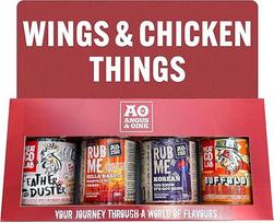 "Angus & Oink Wings & Chicken" dovanų dėžutė, 1 x "Feather Duster BBQ" 220 g, 1 x "Hella Nashty" 200 g, 1 x korėjietiškų prieskonių mišinys 200 g, 1 x "Buffalo" prieskonių mišinys 200 g