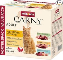 "animonda Carny Cat Food" drėgnas kačių ėdalas "Poultry Mix" (8 x 85 g), drėgnas kačių ėdalas suaugusioms katėms be grūdų, be cukraus, su šviežios mėsos ingredientais, praktiški porcijiniai maišeliai