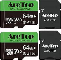 "Aretop" Micro SD kortelė 64GB 2 atminties kortelių pakuotė Micro SD + 2 adapteriai UHS-I U3 C10 A1 V30 4K UHD Full HD vaizdo įrašymo Micro SD atminties kortelė, skirta fotoaparatui/išmaniajam telefonui/dronui/prietaiso kamerai, iki 90MB/s