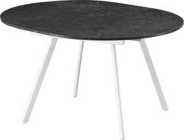 "B&D home" apvalaus dizaino valgomojo stalas "Tiltas", ištraukiamas 120-150 cm, su drugelio įdėklu, 4-6 žmonėms, marmurinis stalviršis, baltas metalinis rėmas, modernus virtuvės/valgomojo stalas