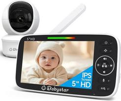 "Babystar" kūdikių monitorius su kamera, 5 colių 720P HD vaizdo monitorius be "WiFi", 4000 mAh baterija, 355° pasukamas ir 120° pakreipiamas priartinimas, naktinis matymas, VOX miego režimas, dvipusis garsas, temperatūros rodymas
