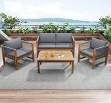 "Ball & Cast" sodo baldų komplektas iš 4 dalių balkono baldų su dvigule sofa ir kavos staliuku, 2 foteliais ir pagalvėlėmis, skirtas poilsio baldams lauke, terasos baldams, sodo poilsio kambariui, pilkos spalvos