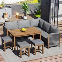"Ball & Cast" sodo baldų rinkinys 8 asmenims, balkono baldai su kampine sofa, 3 taburetėmis ir kavos staliuku, "Polyrattan Lounge", pilka + natūrali spalva