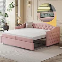 "Ball & Cast" sofa-lova (90/180 x 200 cm) su USB prievadu ir minkšta kraštų apsauga, klasikinis mygtukų dizainas, paprastas ir taupantis laiką montavimas, ištiesiama, lininis audinys, rožinė spalva