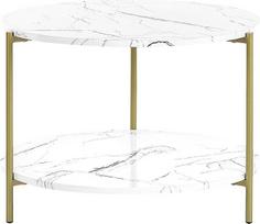 "Beliani Glamour Reva" kavos staliukas "Marble Look White Metal Legs Gold" apvalus 60 cm su lentyna