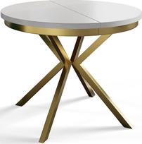 "Bergo" apvalus valgomojo stalas Išplečiamas 100 cm / 180 cm skersmens baltas stalas su aukso spalvos metalinėmis kojomis