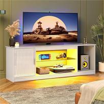 "Bestier" 65 colių televizoriaus spintelė Žaidimų LED pramogų centras su blizgiu briaunuotu stovu PS5, "Xbox" ir TV konsolei su reguliuojamomis stiklo lentynomis Ryškiai balta
