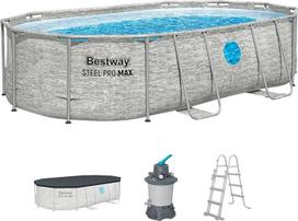 "Bestway Power Steel Swim Vista" serijos rėminio baseino komplektas su smėlio filtravimo sistema, 488 x 305 x 107 cm, akmens sienos efektas (kreminis), ovalus