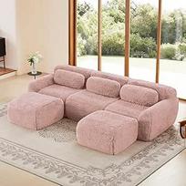 "Bladez" modulinė U formos kampinė sofa-lova su taburete, moderni prabangi pliušinė sofa be kaulų, nesurenkama, minkšta sofa "Cloud", itin gilios svetainės sėdynės, rožinė, 3 sėdimos vietos + 2