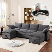 "Bladez" modulinė sofa-lova U formos kampinė sofa su miego funkcija ir atrama kojoms, su USB jungtimis, laikymo vieta, puodelių laikikliais, L formos velvetinė sofa, minkšta sofa, kušetės, 4 sėdimos vietos (pilka)