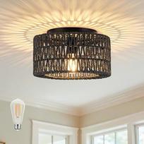 "Boho" apvalus lubų šviestuvas, skersmuo 30 cm, rotango išvaizdos, metalinis, 800 liumenų, šiltai baltas (2700 K), vintažinis lubų šviestuvas prieškambariui, svetainei, miegamajam, E27 lizdas, įskaitant 8 W LED