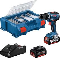 "Bosch" profesionalus 18 V sistemos akumuliatorinis gręžtuvas GSR 18V-55 (maks. Sukimo momentas 55 Nm, 1800 min-¹, komplekte yra 2x 4,0Ah akumuliatorius, įkroviklis GAL 18V-20, 82 dalių priedų rinkinys, L-Case Pick & Click)
