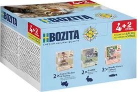 "Bozita Tetra" degustacinis paketas su padažu, kuriame daug vištienos ir kalakutienos, triušienos, lašišos - 4+2-6 x 370 g aukščiausios kokybės pašaro katėms be grūdų ir cukraus, be GMO, su 7,5 % baltymų ir 5 % riebalų