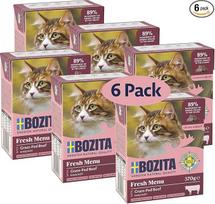 "Bozita Tetra" drėgnas ėdalas su malta jautiena drebučiuose - 6 x 370 g, be grūdų, be cukraus, be GMO, su 7,5 % baltymų ir 5 % riebalų - visavertis ir subalansuotas ėdalas gurmanams