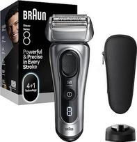 "Braun Series 8" elektrinis skustuvas vyrams, 4+1 tiksli galvutė ir trimeris, "SensoAdapt" bet kokio tankumo barzdai, skustuvas su 60 minučių veikiančia baterija, įkrovimo stovas, drėgnas ir sausas skustuvas - 8617s, sidabrinis