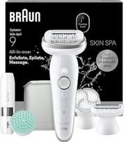 "Braun Silk-épil 9 SkinSpa" moteriškas epiliatorius, rinkinys "viskas viename", pasukama galvutė, drėgnas ir sausas plaukelių šalinimas, atsparus vandeniui, yra šveičiamasis šepetėlis, masažinis padėkliukas, skustuvas, trimeris, veido skustuvas, 9-381, si