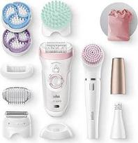 "Braun Silk-épil Beauty-Set 9 Deluxe 7-in-1 Women's Epilator / Hair Remover", veido epiliatorius, skustuvas, šveitimo ir valymo rinkinys veidui ir kūnui, dovana moteriai, 9-985, balta/rožinė