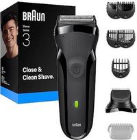 "Braun" elektrinis skustuvas "Series 3", 3 lankstūs peiliukai, barzdos kirpimo priedas, 5 šukos, sausas skustuvas vyrams, sukurtas Vokietijoje, 300BT, pilkas