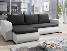 "Brooklyn" juodai balta dirbtinės odos kampinė L formos 245 cm sofa su miego funkcija ir laikymo vieta - sofa lova su lovos dėže - modernūs svetainės baldai - audinys: Lux 23/Soft 17