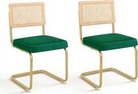 "CangLong Mid-Century Modern", natūralaus tinklelio rotango atlošas, minkštos vilnos sėdynės be porankių kėdės su metalinėmis kojomis, skirtos namų virtuvei ir valgomajam, 2 vnt., žalios spalvos