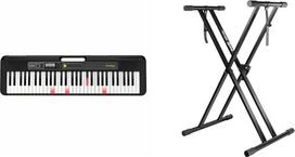 "Casio LK-S250 Casiotone" apšviesta klaviatūra su 61 greitaveikos klavišu, fortepijono išvaizdos, juodos spalvos ir "RockJam Xfinity" dvipusis iš anksto sumontuotas klaviatūros stovas su užrakinamais dirželiais