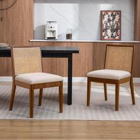 "chairus" 2 valgomojo kėdžių rinkinys, lininės virtuvės kėdės su rotango atlošu, vintažinės medinės akcentinės kėdės valgomajam, virtuvei, svetainei (rudos spalvos-2)