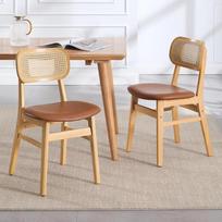 "chairus" valgomojo kėdės, 2 medinės, virtuvės kėdės, PU odos minkštasuoliai, valgomojo, akcento kėdės su rotango atlošu, skirtos virtuvei, svetainei, rudos spalvos