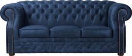 "Chesterfield Manchester" 3 vietų odinė sofa su sagomis, mediniu rėmu ir paminkštintais porankiais, lengvai prižiūrima sofa svetainei, biurui, advokatų kontorai ir viešbučiui, mėlyna