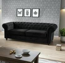 "Chesterfield" juoda pliušinio aksomo 3 vietų sofa 225 x 74 x 88 cm Sofos svetainei Sofų komplektai su medinėmis kojelėmis Sofų ir kušečių rinkinys