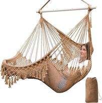 "Chihee" kabanti kėdė Rankų darbo medvilninė virvė, išausta iš minkštos verpstės, minkšta minkšta verpstė, didelis elastingas hamakas, sulankstomas tvirtas metalinis skleidiklis, elegantiškas kutinys patalpų viduje lauke