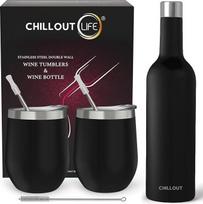 "CHILLOUT LIFE" nerūdijančio plieno vyno taurės, 2 vnt., 12 uncijų ir 1 izoliuotas vyno butelis, dvigubos sienelės vakuuminės izoliacijos vyno taurės su dangteliais ir šiaudeliais, juodos spalvos