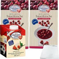 "Chr.Grod" kruopų košė "Sour Cherry Cherry" (2 x 500 g pakuotė) ir desertinis padažas su vanilės skoniu (1 x 500 ml) + usy Block