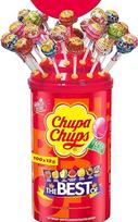 "Chupa Chups Best of Lollipop" skardinė su logotipu, joje yra 100 7 skonių ledinukų Patogi poparto laikymo skardinė, tinkanti gimtadieniui 100 x 12 g