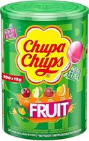 "Chupa Chups" vaisių saldainių skardinė, praktiška dėžutė su 100 4 vaisių skonio obuolių, braškių, apelsinų, vyšnių saldainių, tinkama gimtadieniui, 100 x 12 g