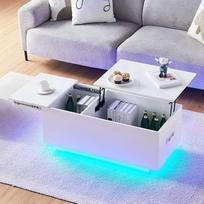 "CLIPOP" blizgus kavos staliukas, reguliuojamo aukščio svetainės staliukas, su LED apšvietimu, kištukiniu lizdu ir USB, reguliuojamos šviesos spalvos, šoninis staliukas su paslėptu laikymo skyriumi, baltos spalvos