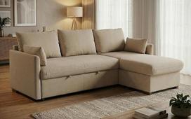 "Confort24 Orlando" kampinė sofa su miego funkcija, lovos funkcija, lovos dėže, mažomis 3 sėdimomis vietomis, galimybe rinktis kairiąją arba dešiniąją koją (smėlio spalvos)