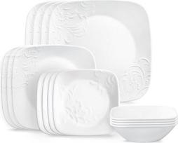 "Corelle Cherish" 16 dalių indų rinkinys 4 porcijoms, 8 lėkštės, 8 dubenėliai, atsparus duženoms ir duženoms, "Corelleware" lėkštės, baltos spalvos