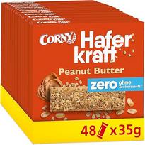 "Corny Haferkraft Zero Peanut Butter", veganiškas grūdų batonėlis be pridėtinio cukraus, su žemės riešutų sviestu, daug energijos suteikiantis užkandis kelionėms, 48 x 35 g