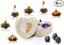 "Creano Blooming Tea" 6 arbatos gėlių dovanų rinkinys Juodoji arbata medinėje širdies dėžutėje
