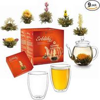 "Creano Teeblumen Mix" - dovanų rinkinys "Žydinti arbata" su stikliniu ąsočiu ir 2 x 250 ml terminiais puodeliais - baltoji arbata (6 rūšys)