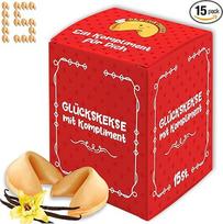 "D&D FUN COOKIES" laimės sausainiai, 15 vnt., su komplimentais - atskirai supakuoti laimės sausainiai, mažos dovanos ir suvenyrai suaugusiesiems, vokiečių ir anglų kalbomis, vaniliniai sausainiai, šeimai ir draugams