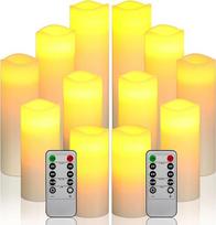 "Da by LED candles", baterijų žvakių rinkinys iš 12 žvakių (2 x H 20 cm, 2 x H 18 cm, 2 x H 16 cm, 2 x H 14 cm, 2 x H 13 cm, 2 x H 12 cm) iš dramblio kaulo vaško su nuotolinio valdymo pulteliu (baterijos neįtrauktos)