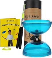 "Diabolo Freizeitsport" žongliravimo rinkinys "Pro" su rutuliniu guoliu Diabolo (skaidrus turkio spalvos), atsargine virve (160 cm), aliuminio lazdelėmis ir spausdintomis instrukcijomis (anglų kalba negarantuojama)